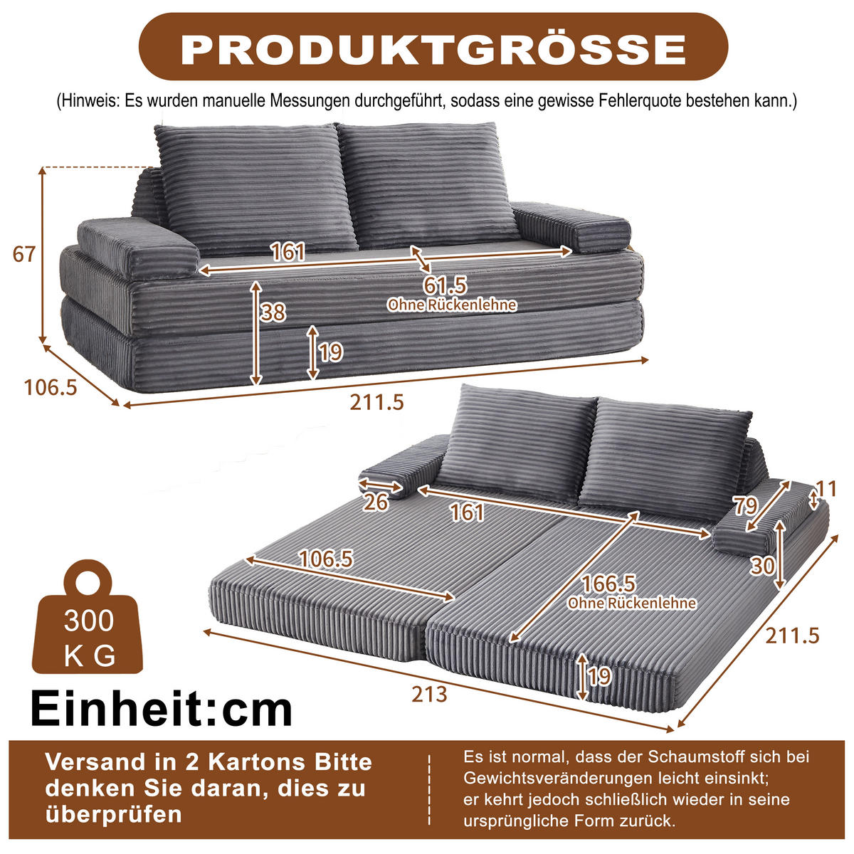 SCHLAFSOFA 211 cm frei kombinierbar mit dreieckigen Rückenlehnen, DE-42722, Grau - Grau, Textil (211.5/62/106.5cm) - ComfortXL