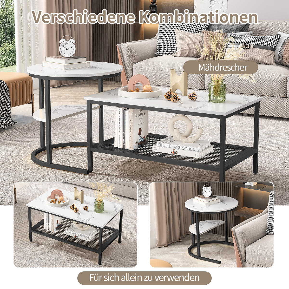 COUCHTISCH 2er SET, Weiß + Schwarz - Schwarz/Weiß, Metall (80/46/41cm)