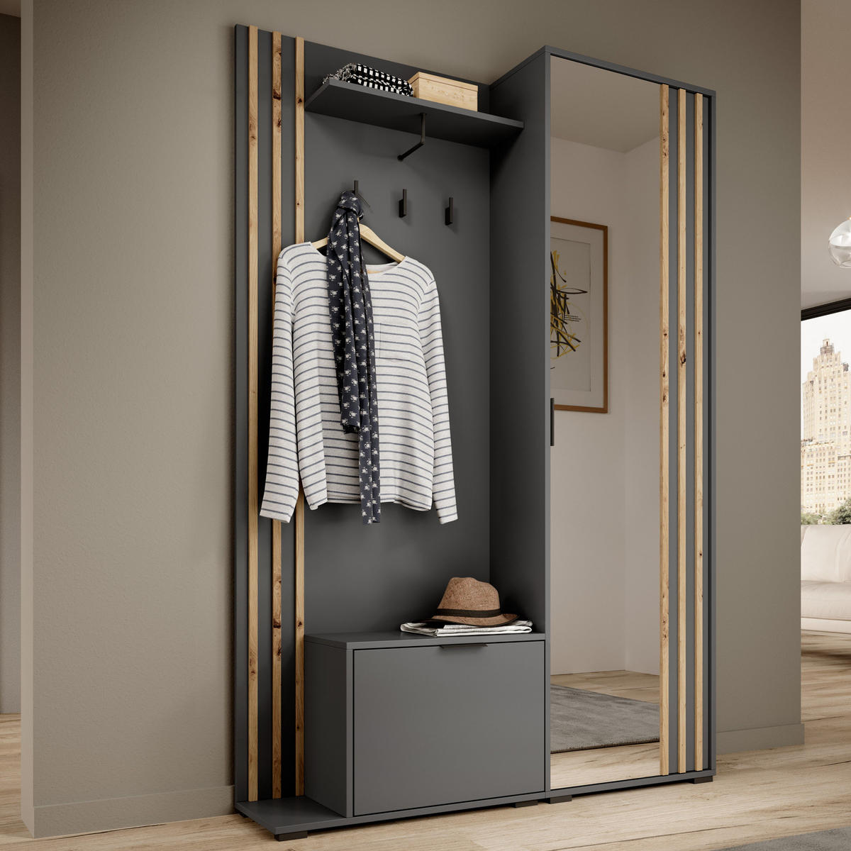 GARDEROBE STILO 131 cm (Graphit, Lamellen Artisan Eiche, Spiegel, Metallgriffe) - Schwarz/Graphitfarben, Holz/Holzwerkstoff (131/192/40cm) - Ravio
