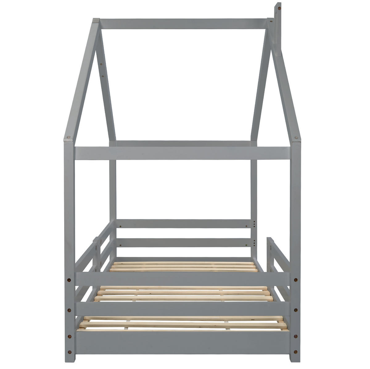 DĚTSKÁ postýlka 90/200 cm s domečkovým designem, ochranným zábradlím a 15 lamelami, Šedá - šedá, dřevo (90/90cm) - Redom