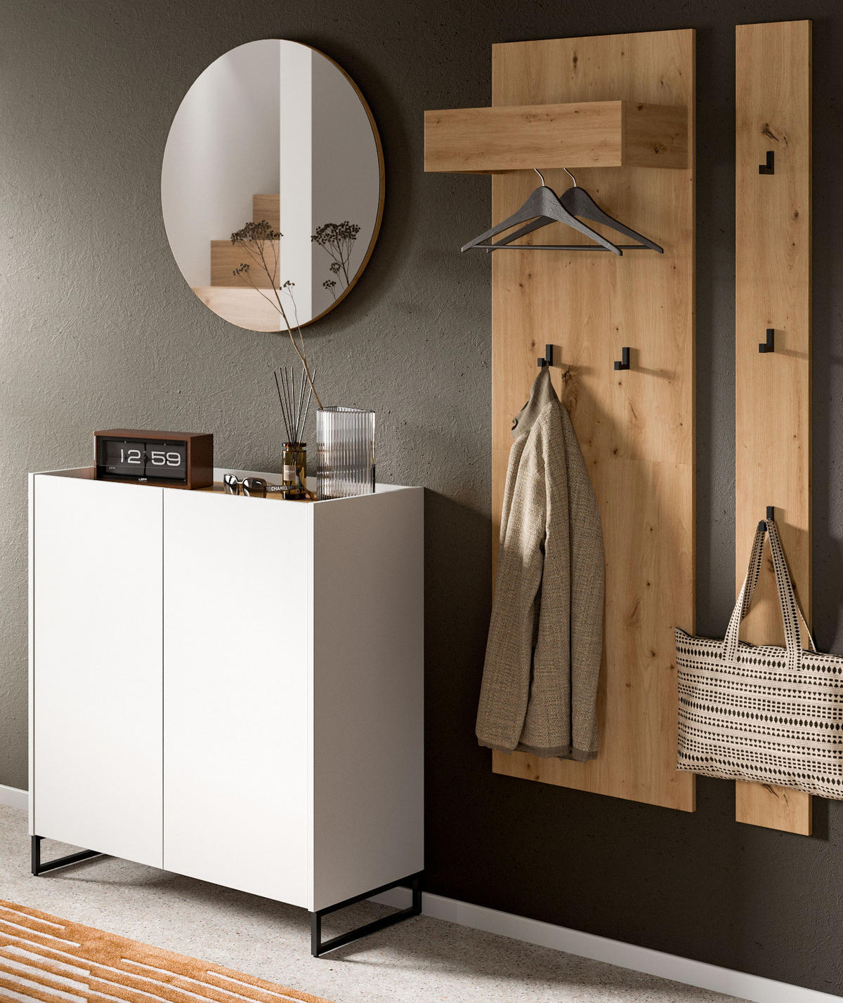 GARDEROBE-SET weiß und Artisan Eiche, Garderobe 4-teilig, 186 x 197 cm, Soft-Close, Borga - Schwarz/Weiß, Holzwerkstoff/Metall (186/197/38cm) - Inn.Furn