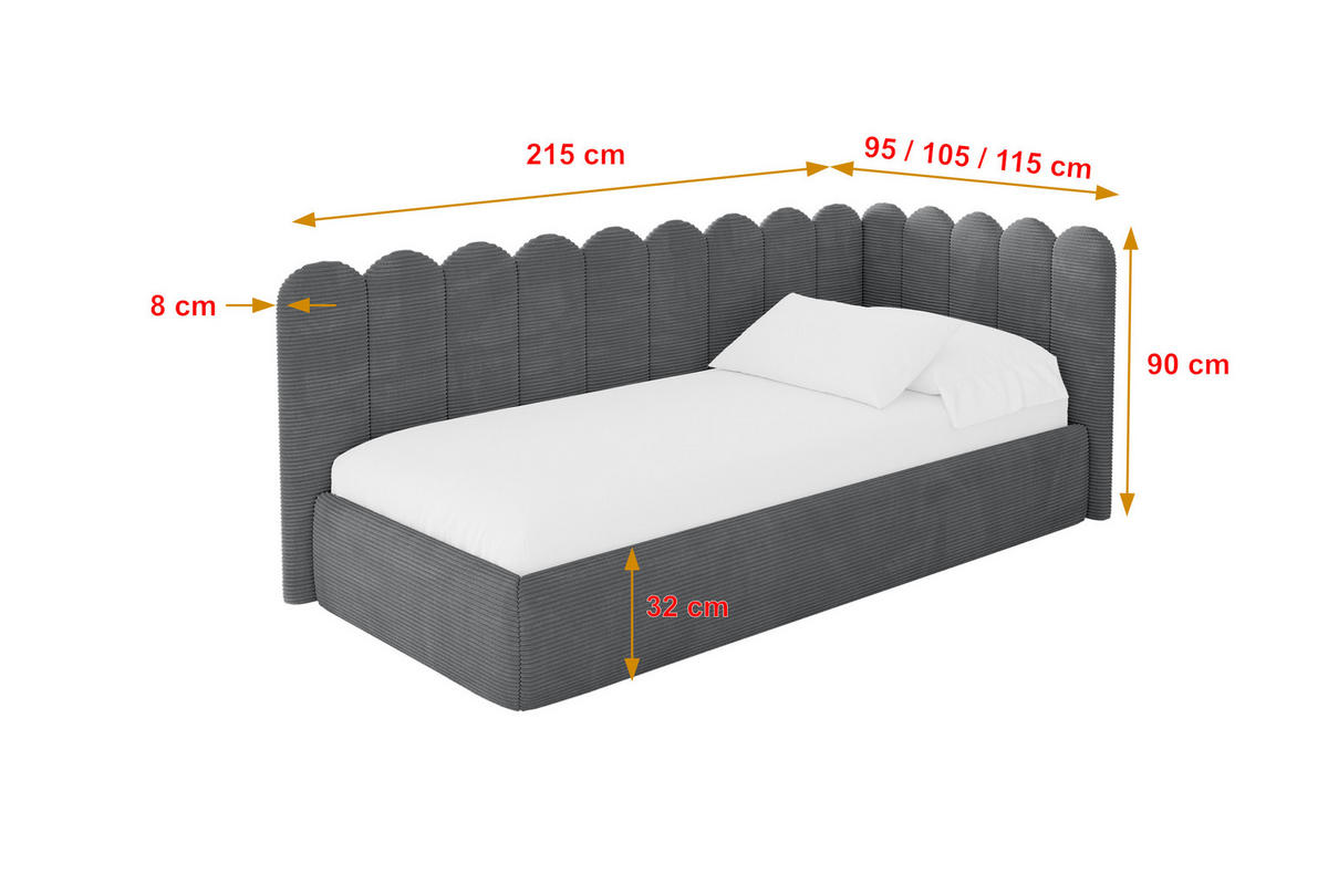 EINZELLBETT Jugendbett mit Bettkasten, Links - ARTY 80x200 Dunkelgrau - Graphitfarben, Holzwerkstoff/Textil (80/200cm) - ALTDECOR