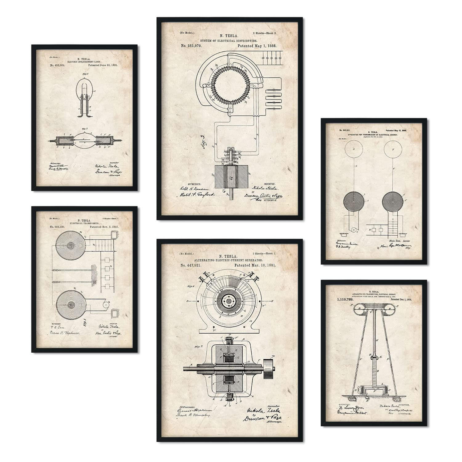 POSTER Set Mit 6 Plakaten Mit Strom 2 Patenten Im Vintage Stil A3 & A4 Rahmenlos - Klar, Papier (29/3cm) - Nacnic