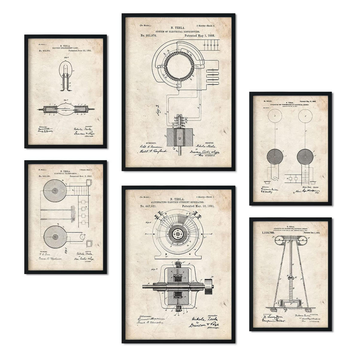 POSTER Set Mit 6 Plakaten Mit Strom 2 Patenten Im Vintage Stil A3 & A4 Schwarzer Rahmen - Schwarz, Papier (29/3cm) - Nacnic