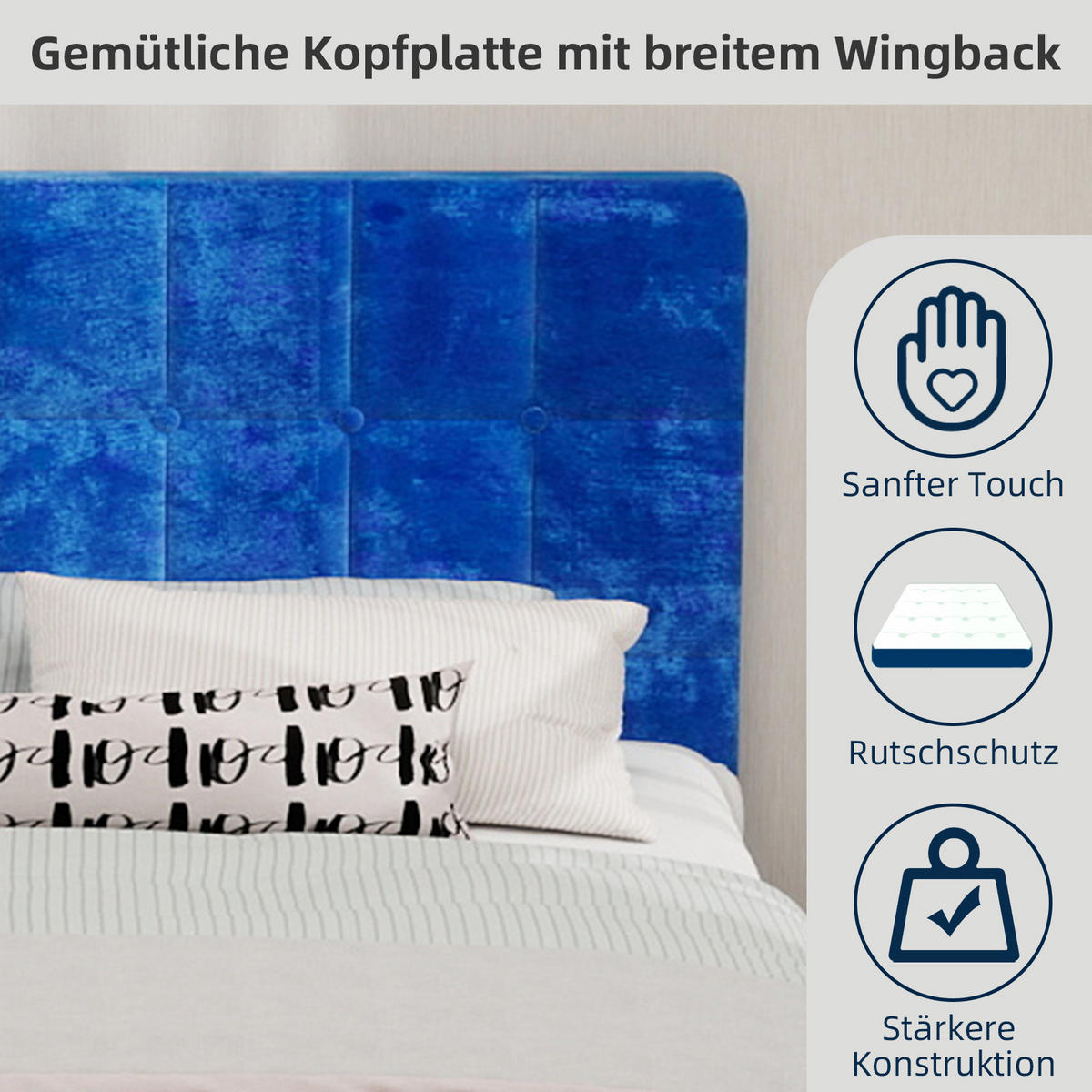 POLSTERBETT 140/200 cm in Blau Samt mit Gepolstertem Kopfteil - Blau, Holzwerkstoff/Textil (140/200cm) - WISHDOR
