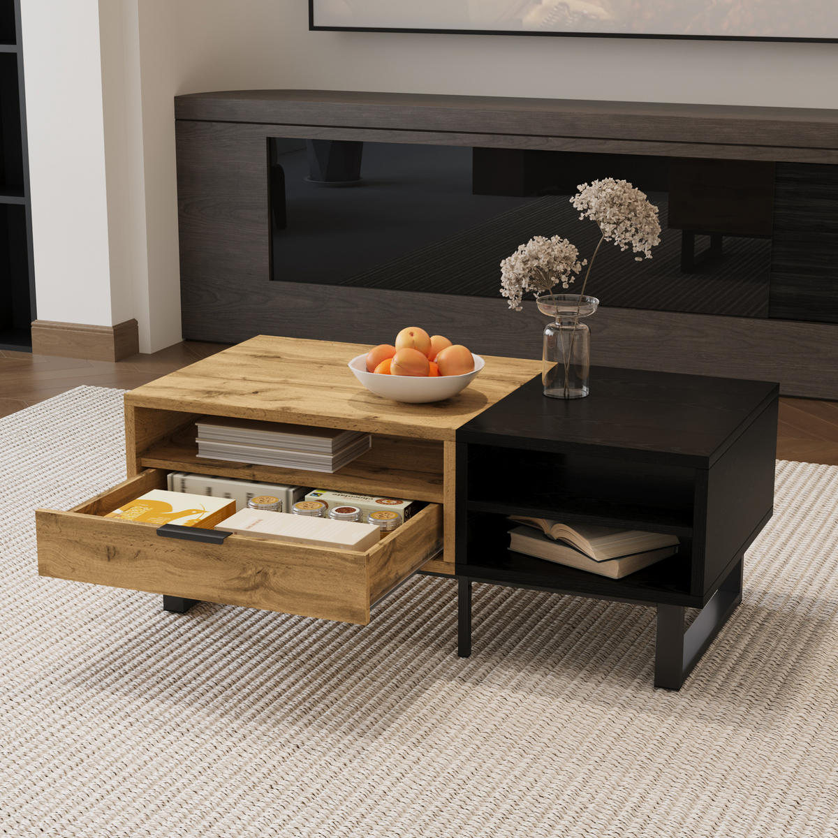 COUCHTISCH aus Spanplatte 100x50x40 cm Holz/Schwarz mit 3 offenen Fächern und Schublade - Naturfarben, Holzwerkstoff (100/50/40cm) - IVMEU
