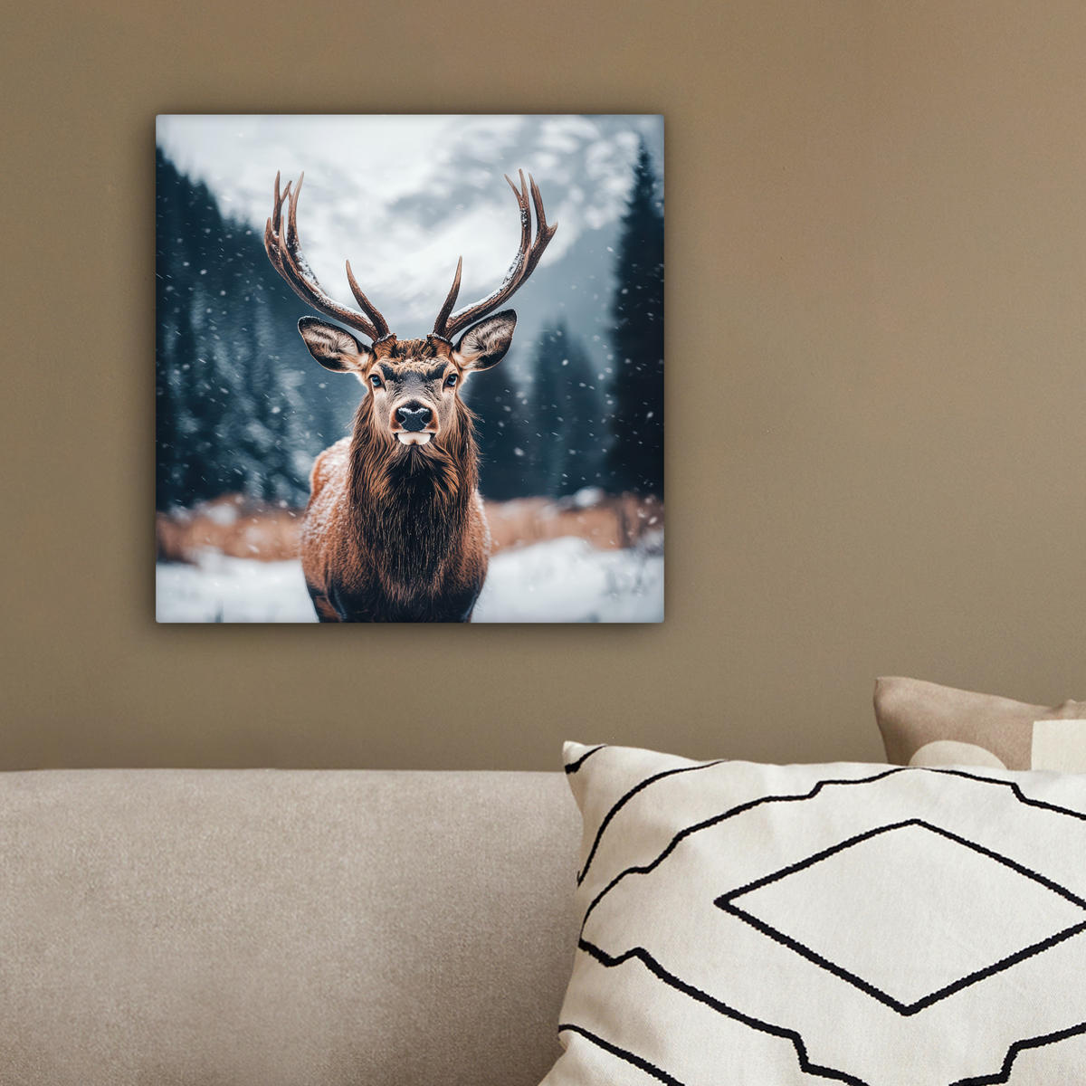 LEINWANDBILD Hirsche - Tiere - Landschaft - Winter - Schnee 20x20 cm - Kastanienfarben, Textil (20/20cm) - MuchoWow