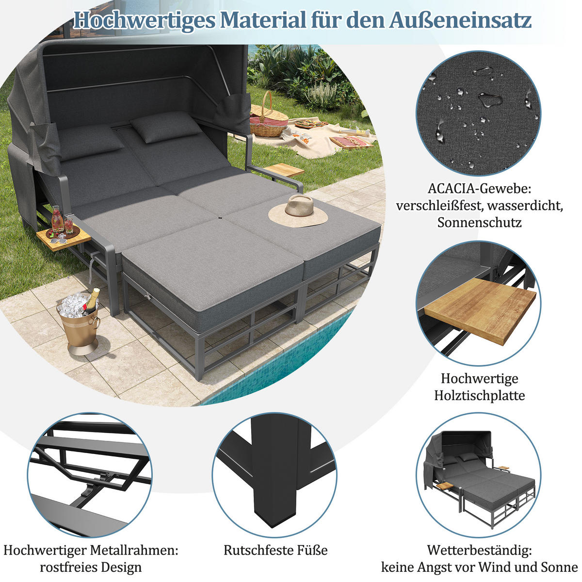 SONNENLIEGE 2-4 Personen Mit Faltbarem Sonnendach - Dunkelgrau, Metall (130/127/178cm) - FLIEKS