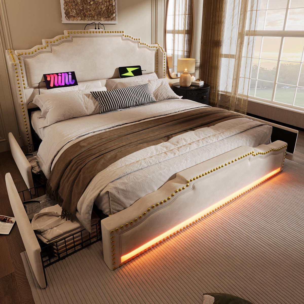 POLSTERBETT 140/200 cm Beige mit LED-Beleuchtung und USB-C-Anschluss - Beige, Textil (140/200cm) - OKWISH