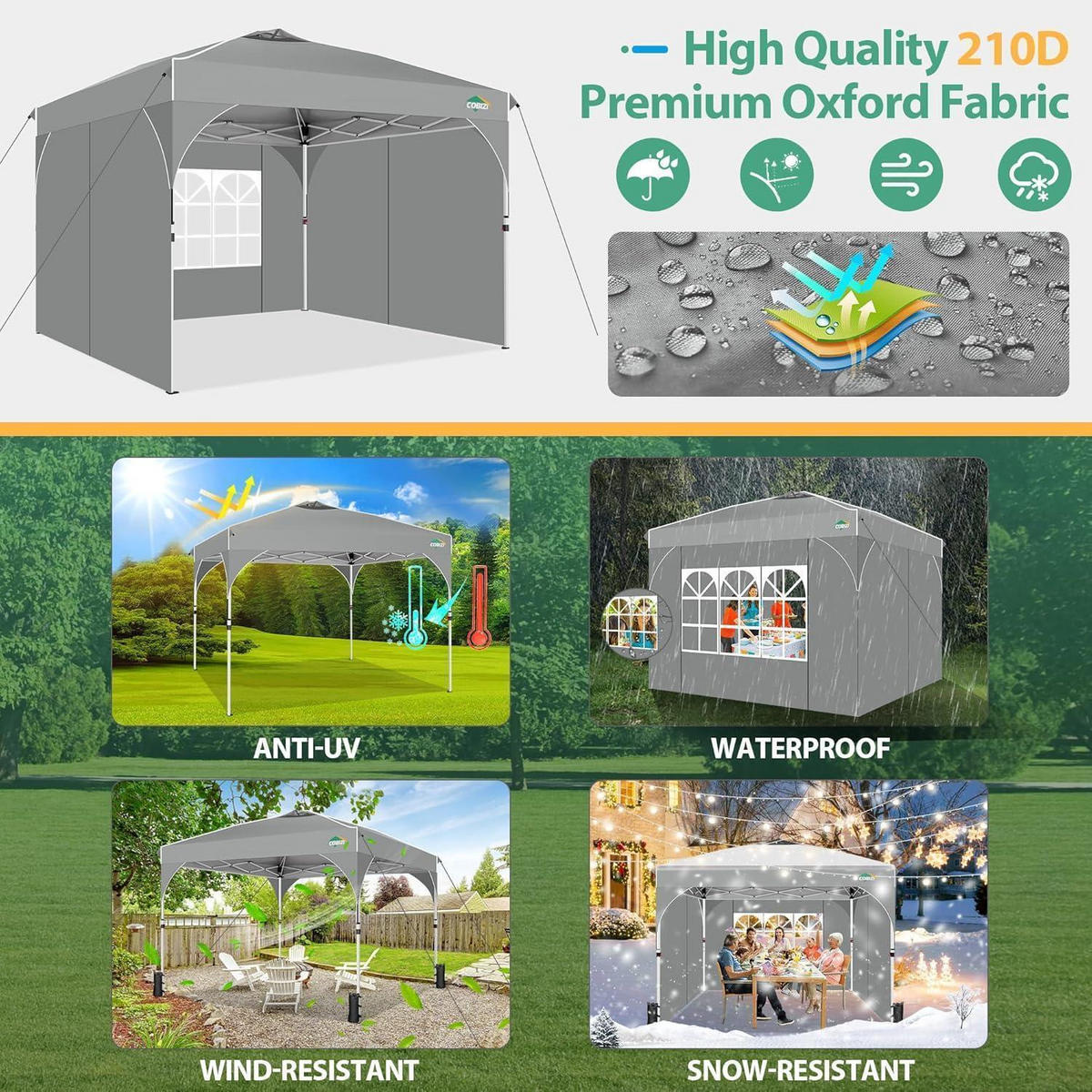 FALTPAVILLON 3x3m Grau mit 3 Seitenteilen - Grau, Textil (300/204/204cm)