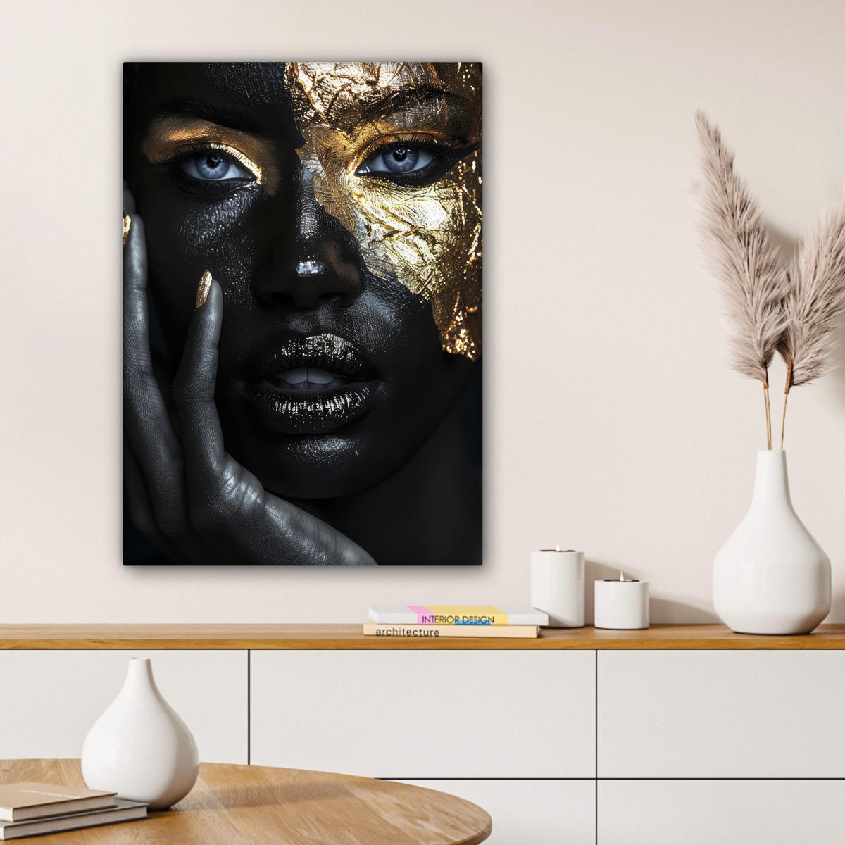 LEINWANDBILD Frau - Gold - Porträt - Schwarz-Weiß - Luxus 60x80 cm - Hellblau, Textil (60/80cm) - MuchoWow