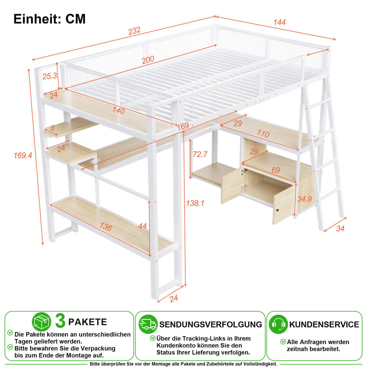 HOCHBETT 140/200 cm in Weiß mit Schreibtisch, LED und Stauraum aus Metall - Weiß, Metall (140/200cm) - CHICFURN