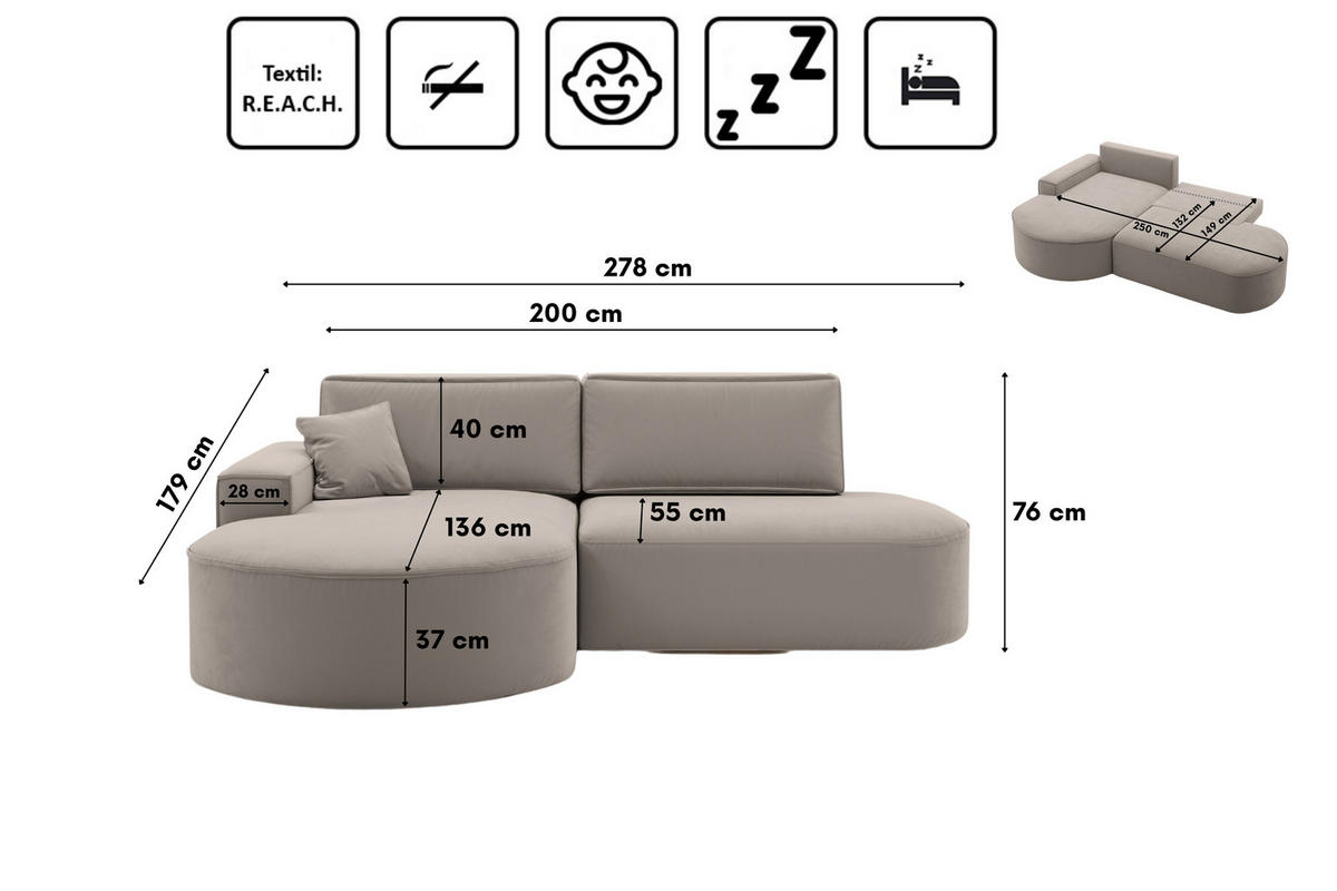 ECKSOFA Modena Pro - Komfort Und Stil Stoff Salvador Hellbeige Links - Creme, Holz (278/179cm) - Kaiser Möbel