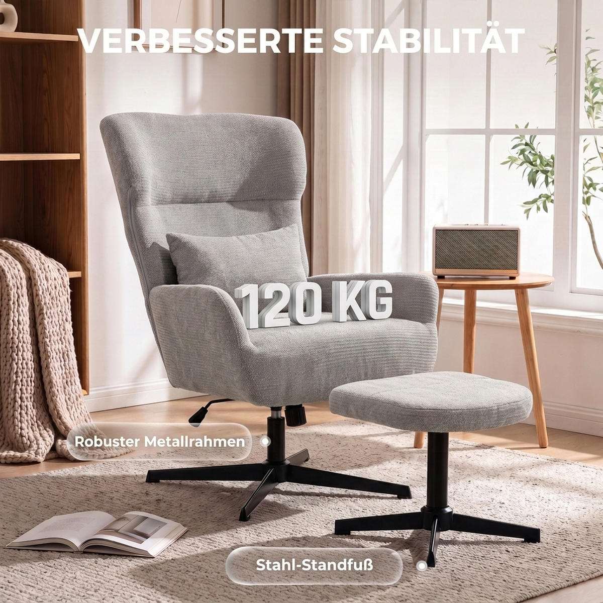 RELAXSESSEL-MIT-HOCKER 2er Set Polyester Grau - Schwarz/Grau, Textil/Metall (88/104/71cm) - HOMCOM