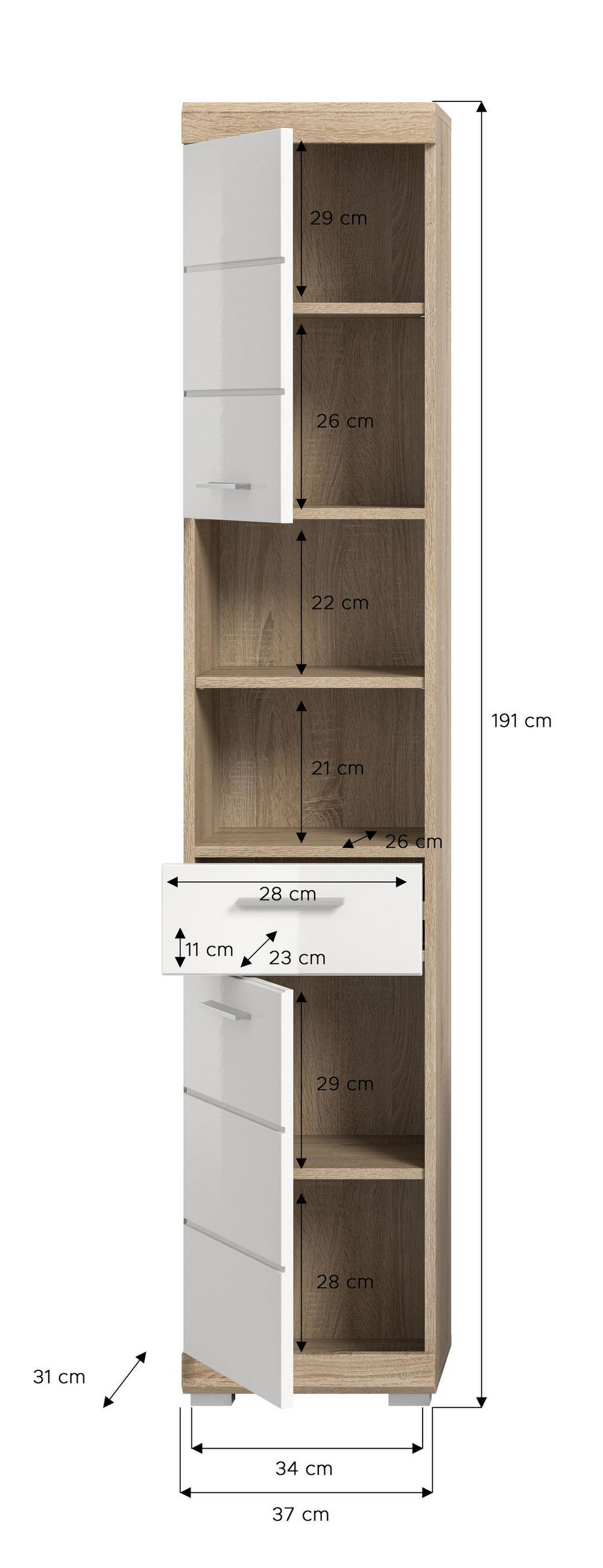 HOCHSCHRANK Samba Bad in Sonoma Eiche hell und weiß hochglanz B/H/T: 37x191x31 cm - Sonoma Eiche, Holzwerkstoff (37/191/31cm)