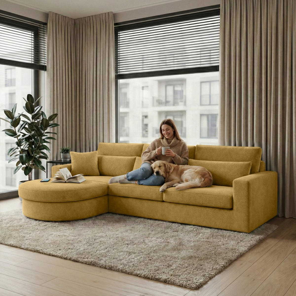 ECKSOFA Pablo ohne Schlaffunktion, mit abgerundeter Ottomane, links, Gelb, Velourstoff - Gelb, Textil (319/196cm) - Beautysofa