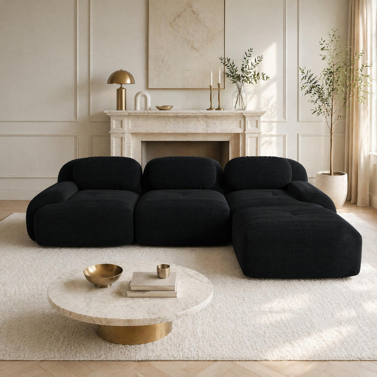 ECKSOFA in Schwarz aus Cord, modular, rahmenlos und montagefrei - Schwarz, Textil (178/298cm) - Flora Grace