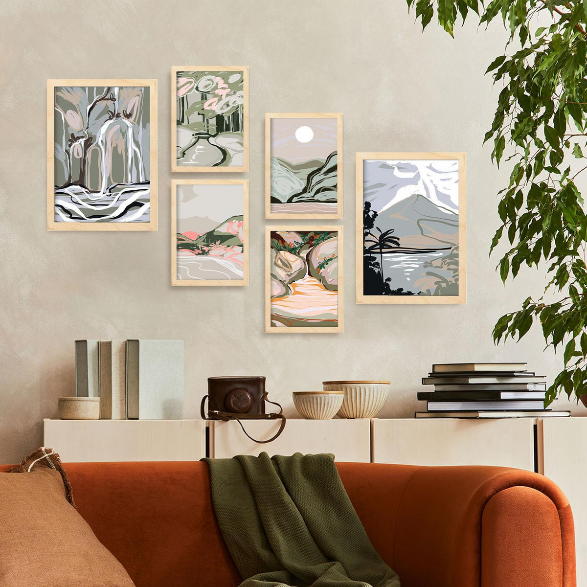 POSTER Set Mit 6 Clifton Landschaftsabstrakte Größe A3 & A4 Rahmen aus hellem Holz - Beige, Papier (29.7/1cm) - Nacnic