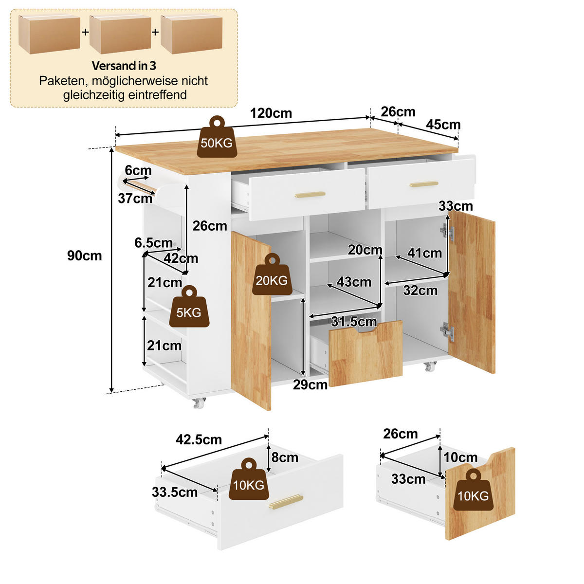 KÜCHENINSEL DE-41417 120/45-71/90 cm, klappbare Arbeitsplatte, Gewürzregal Weiß - Weiß, Holzwerkstoff (120/90/71cm) - ComfortXL