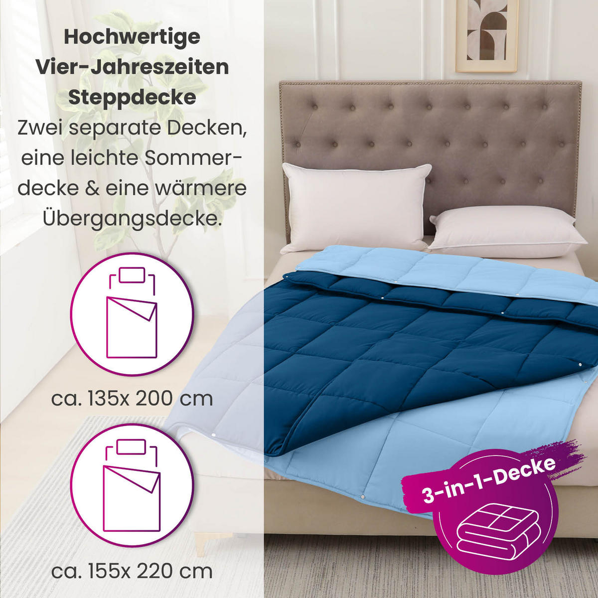 4-JAHRESZEITEN Steppbett Bi-Color im Wende-Design blau 135x200 - Blau, Textil (135/200cm) - wometo