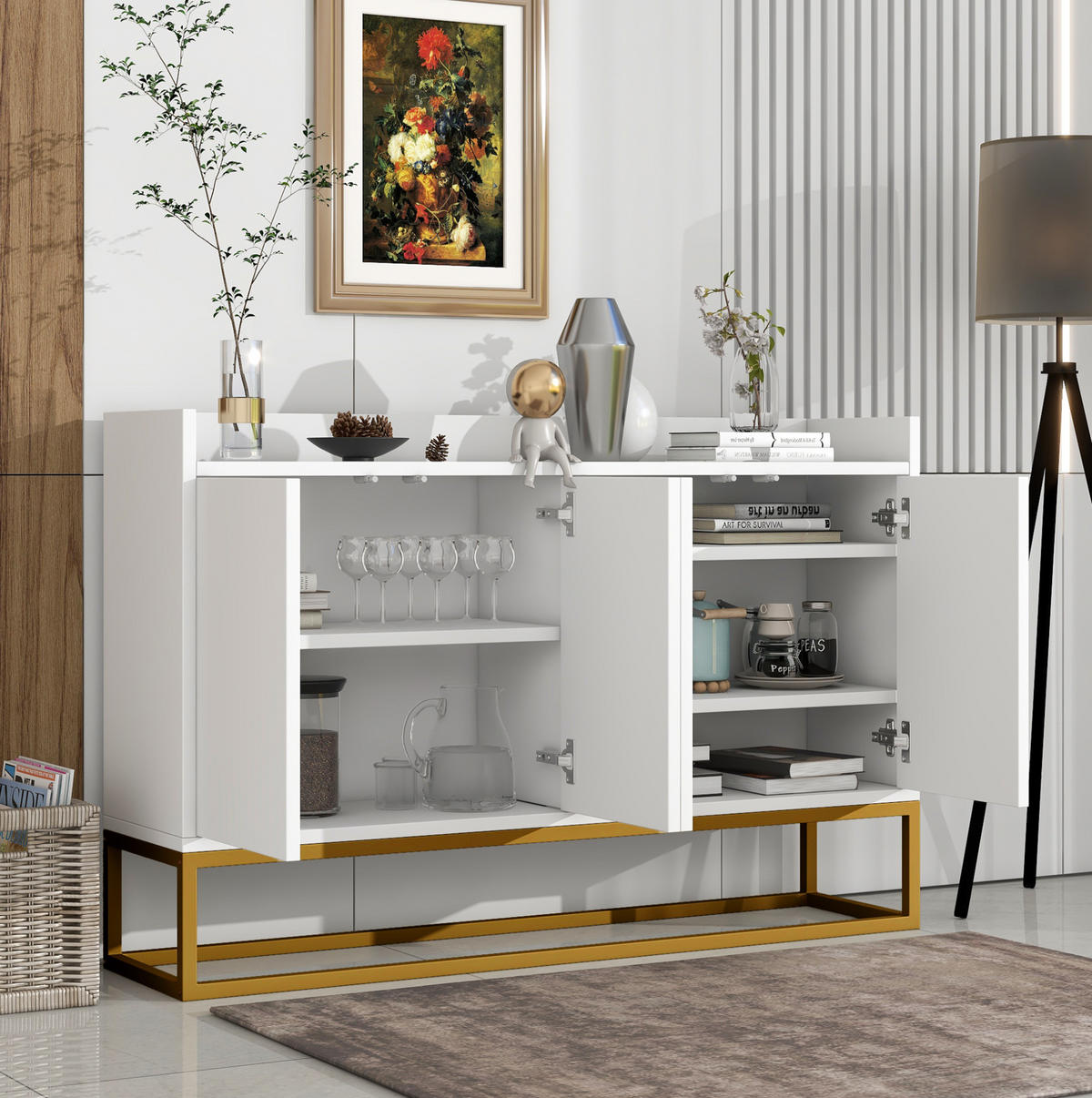 SIDEBOARD 120/30/80 cm weiß aus Holzwerkstoff mit 4 Türen - Weiß, Holzwerkstoff (120/80/30cm) - OKWISH