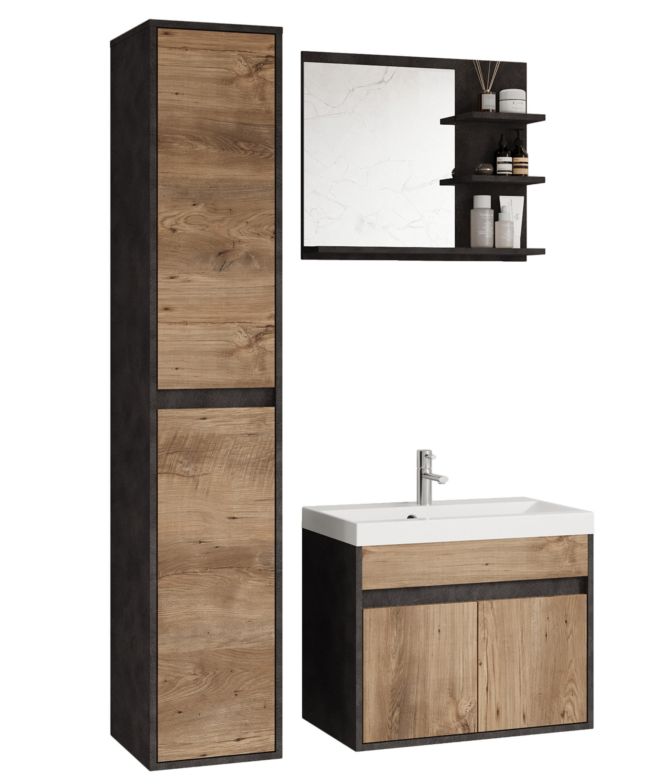 BADEZIMMERMÖBEL-SET Luani Matera / Kastanie - Beige/Schwarz, Holzwerkstoff (90.2/160/34.5cm) - Selsey