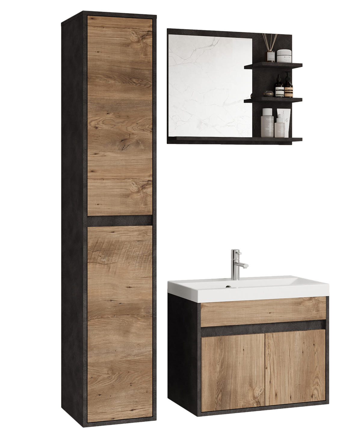 BADEZIMMERMÖBEL-SET Luani Matera / Kastanie - Beige/Schwarz, Holzwerkstoff (90.2/160/34.5cm) - Selsey