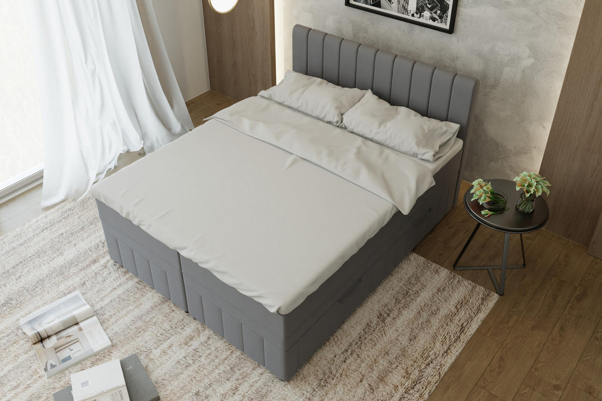 BOXBETT AVALON 160 x 200 cm mit Bettkasten und Topper - Dunkelgrau - Dunkelgrau, Holz - Panda Möbel