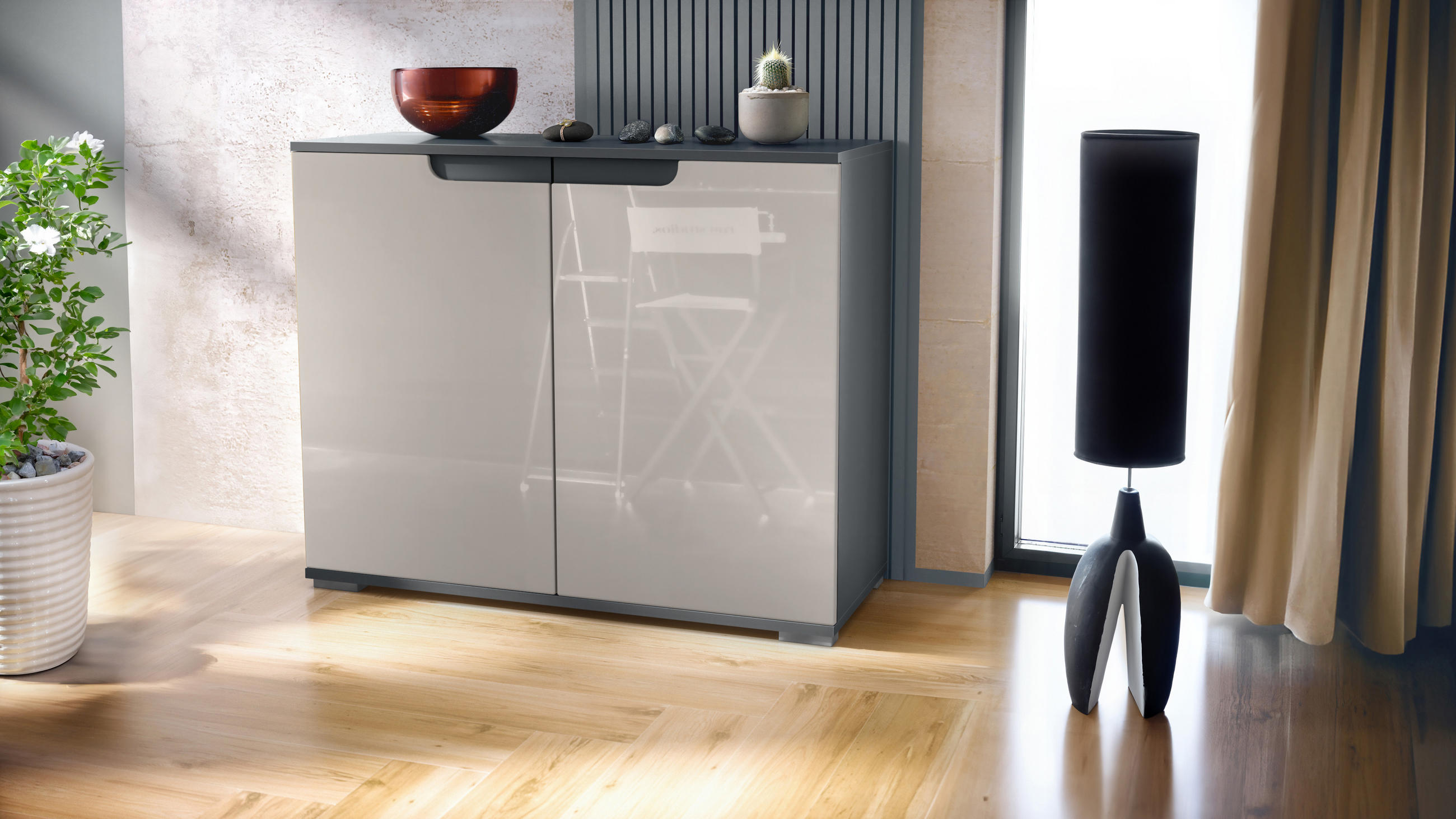 KOMMODE Sylt Sandgrau Hochglanz - Sandfarben, Holzwerkstoff (92.5/75.5/35cm) - Vladon