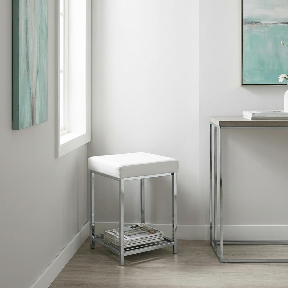 HOCKER Weiß Chrom Kunstleder gepolstert mit Ablage - Multicolor, Kunststoff/Metall (33/47/33cm) - Relaxdays