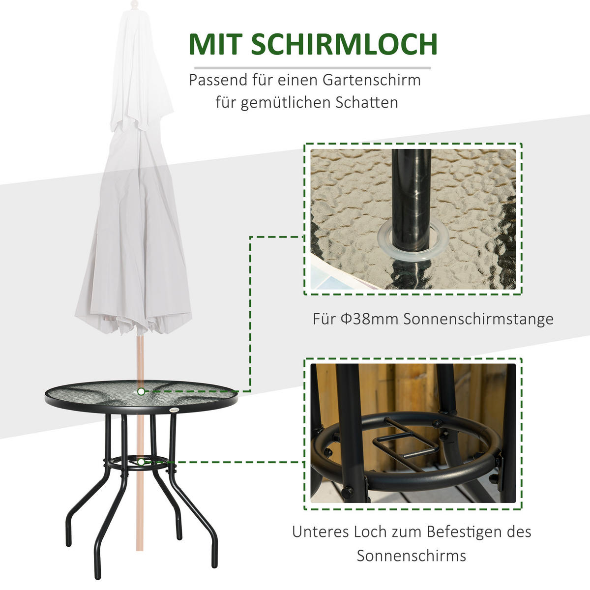 GARTENTISCH DE-07290 rund mit Schirmloch und Hartglas Schwarz - Schwarz, Glas/Metall (80/80/72cm) - ComfortXL