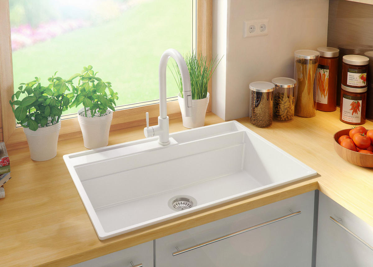 GRANITSPÜLE Oslo Pocket, 2-er set Weiß 78/53 cm 1 Becken + Küchenarmatur 40/20 cm + Ablauf-Set + Küchenzubehörset ab 80er Unterschrank - Chromfarben/Beige, Kunststoff (78/20/53cm) - Primagran