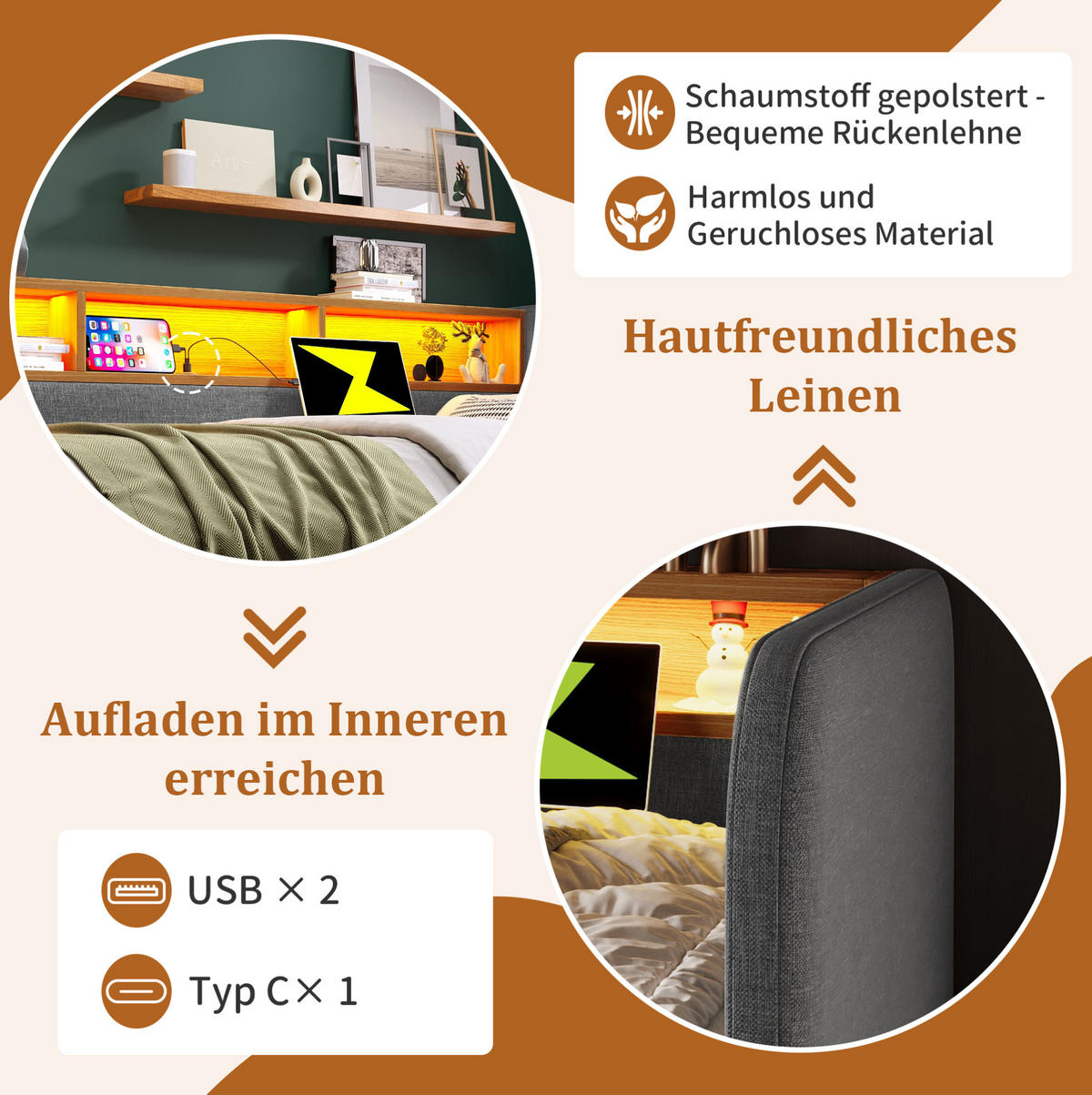 ČALOUNĚNÁ postel z lnu, 140/190 cm šedá, s LED osvětlením, USB-C nabíjením a úložnými zásuvkami - šedá, textil (140/190cm) - BEAOK