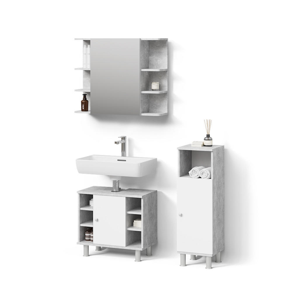 BADMÖBEL-SET Fucino Beton 3 Teile, mit Midischrank - Weiß/Grau, Holzwerkstoff (60/54/32cm) - Livinity®