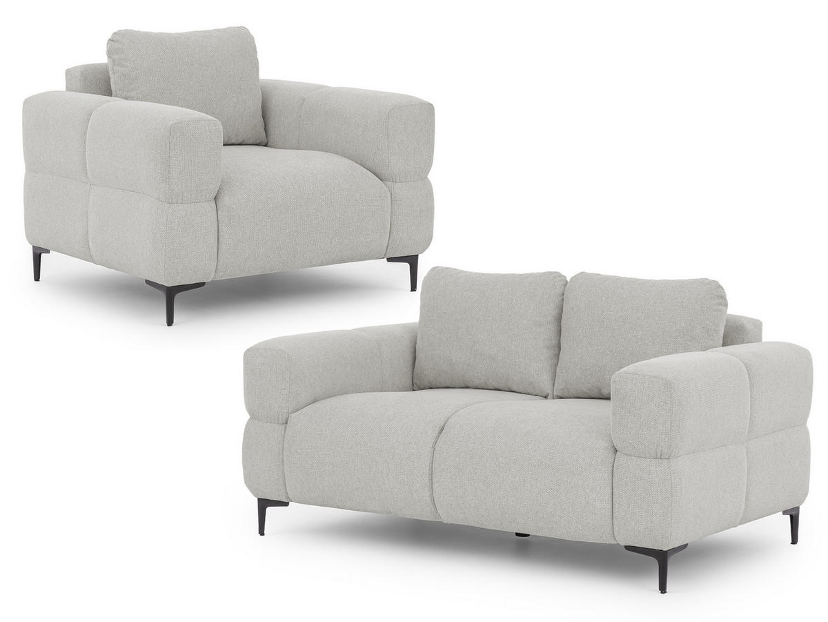 SITZGARNITUR 2+1 Cardea in Bubble-Optik aus weichem Hellgrau Strukturstoff mit hohem Sitzkomfort - Hellgrau/Schwarz, Holz/Textil (154/80/97cm) - S-Style Möbel