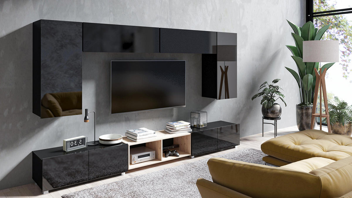 WOHNWAND Kossana 23 Modern Schwarz/Goldene Eiche 300/43/154 cm Wohnwand Set - Schwarz, Holzwerkstoff/Kunststoff (300/156/43cm) - AX Living