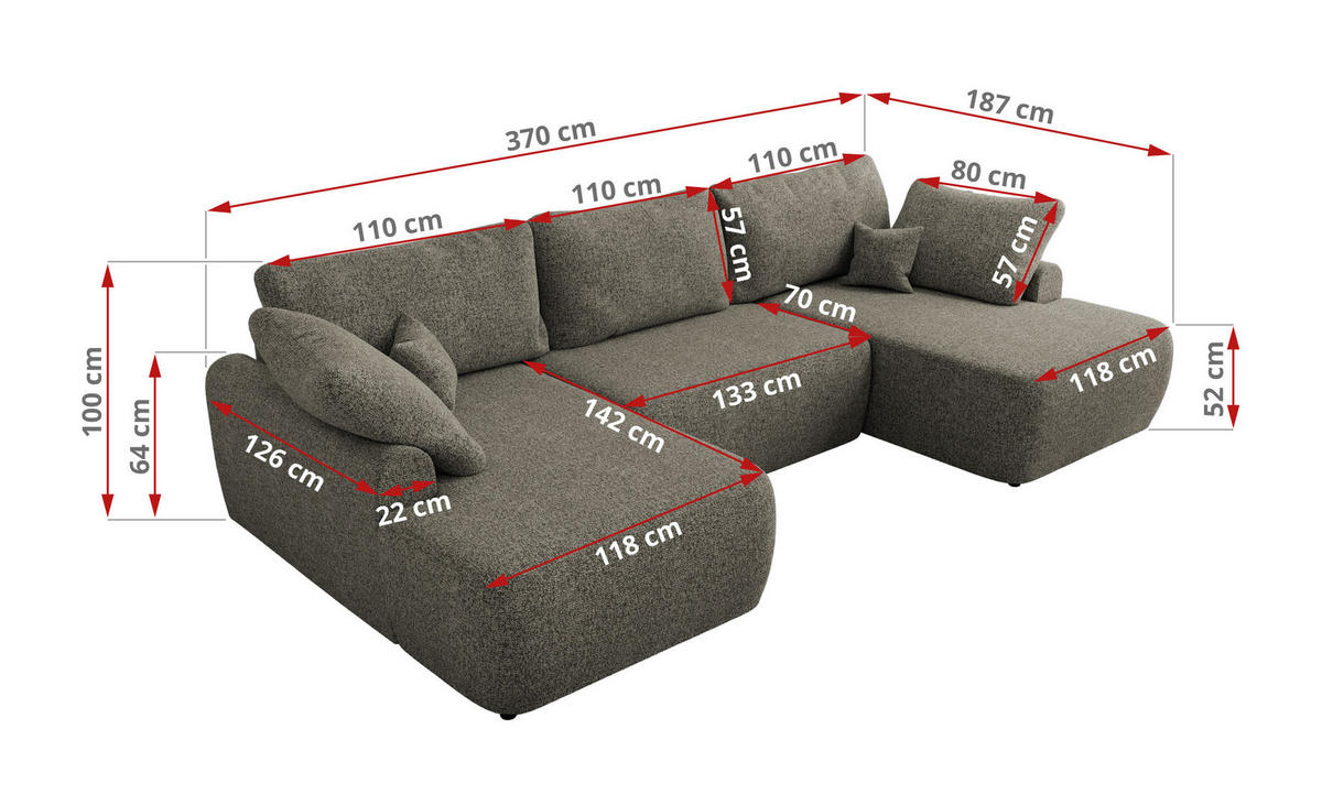 WOHNLANDSCHAFT CUBO U Grau Struktur - Schwarz/Grau, Kunststoff/Textil (370/100/187cm) - MKS