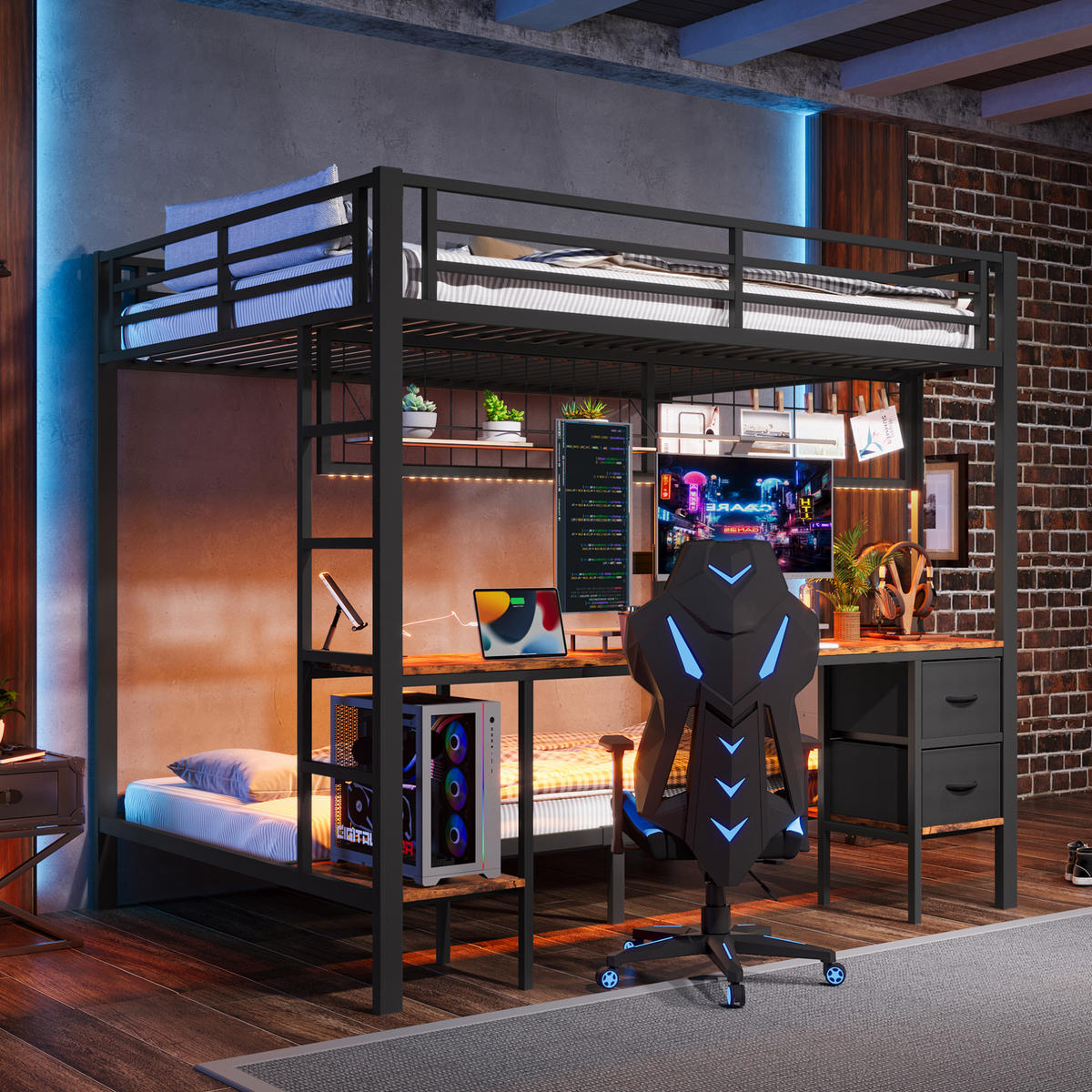 HOCHBETT 140/200 cm Schwarz aus Metall mit Schreibtisch - Schwarz, Metall (140/200cm) - OKMYHOME