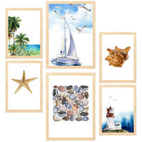 POSTER Set Mit 6 Dekoratives Blatt Mit Marineblauer A3 & A4 Rahmen Aus Hellem Holz - Beige, Papier (29/3cm) - Nacnic