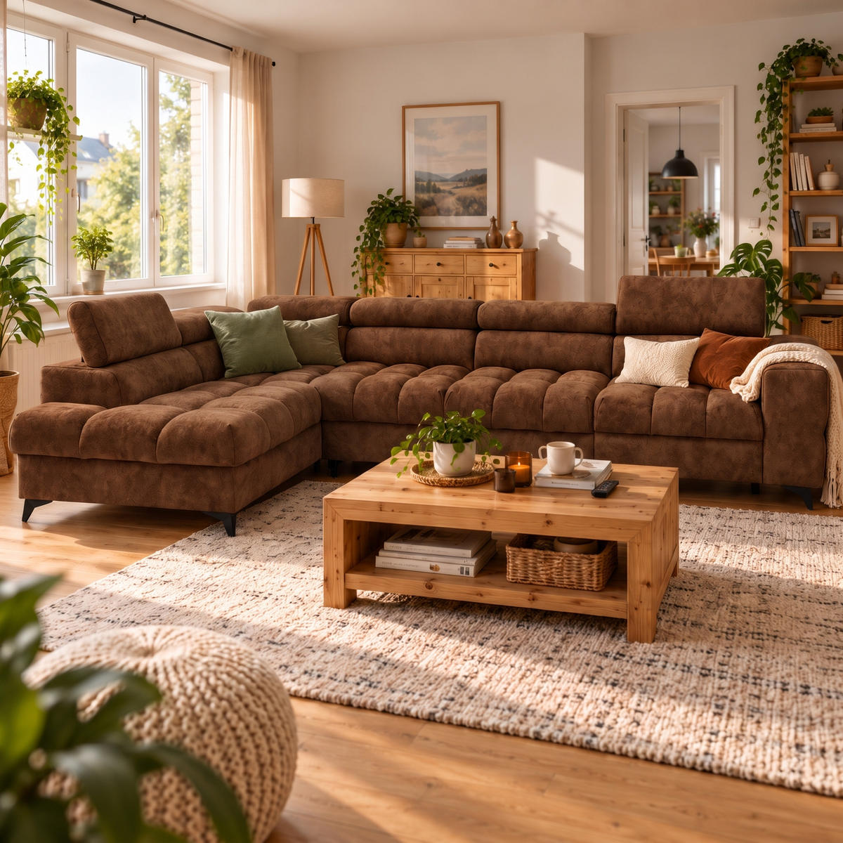 ECKSOFA PUDDING MAXI L Links mit Schlaffunktion 125x195 Velours Hellbraun - Hellbraun/Schwarz, Holz/Textil (350/203cm) - Muffo