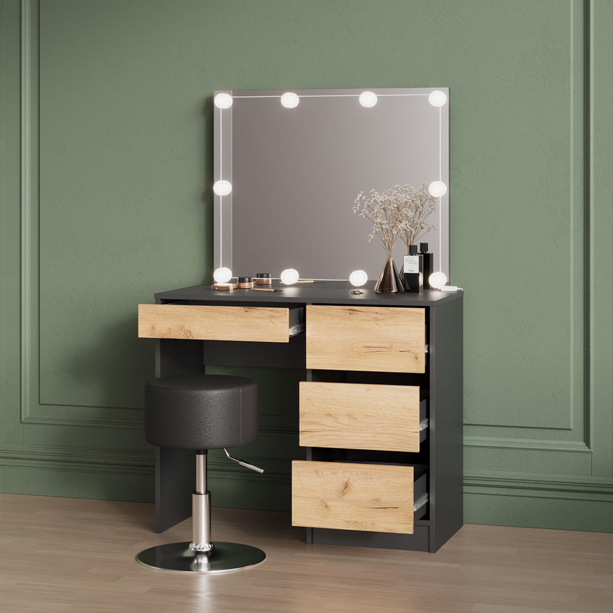 SCHMINKTISCH Imola Anthrazit/Goldkraft Eiche ohne Spiegel - Anthrazit/Eiche Wotan, Holzwerkstoff (55/120/75cm) - Livinity®