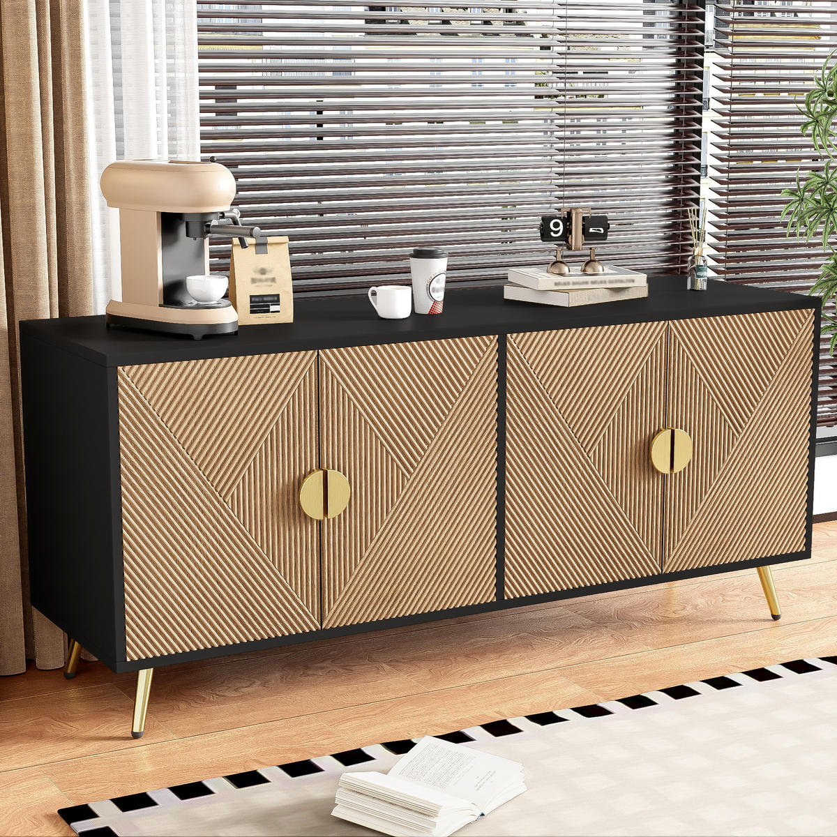 SIDEBOARD 160 cm 4 Türen Goldgriffe - Schwarz, Holz (160/75/40cm) - LEBENLANG