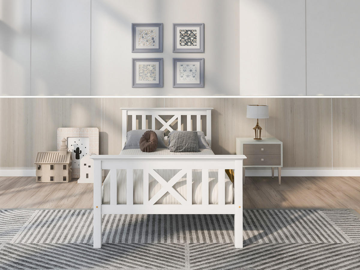 HOLZBETT 90/200 cm aus Massivholz mit X-förmigem Kopfteil und Stauraum - Weiß, Holz (90/200cm) - OKWISH