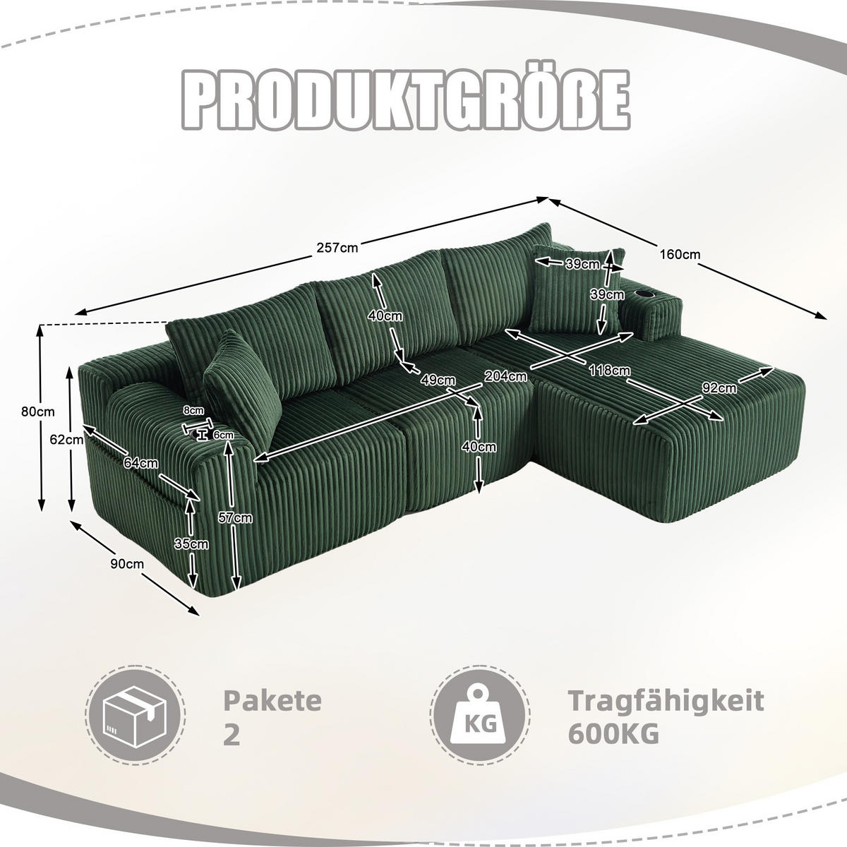 ECKSCHLAFSOFA Modulares Sofa mit Schlaffunktion,Chaiselongue + Zweisitzer,Grün - Grün, Textil (257/160cm) - LVHOM