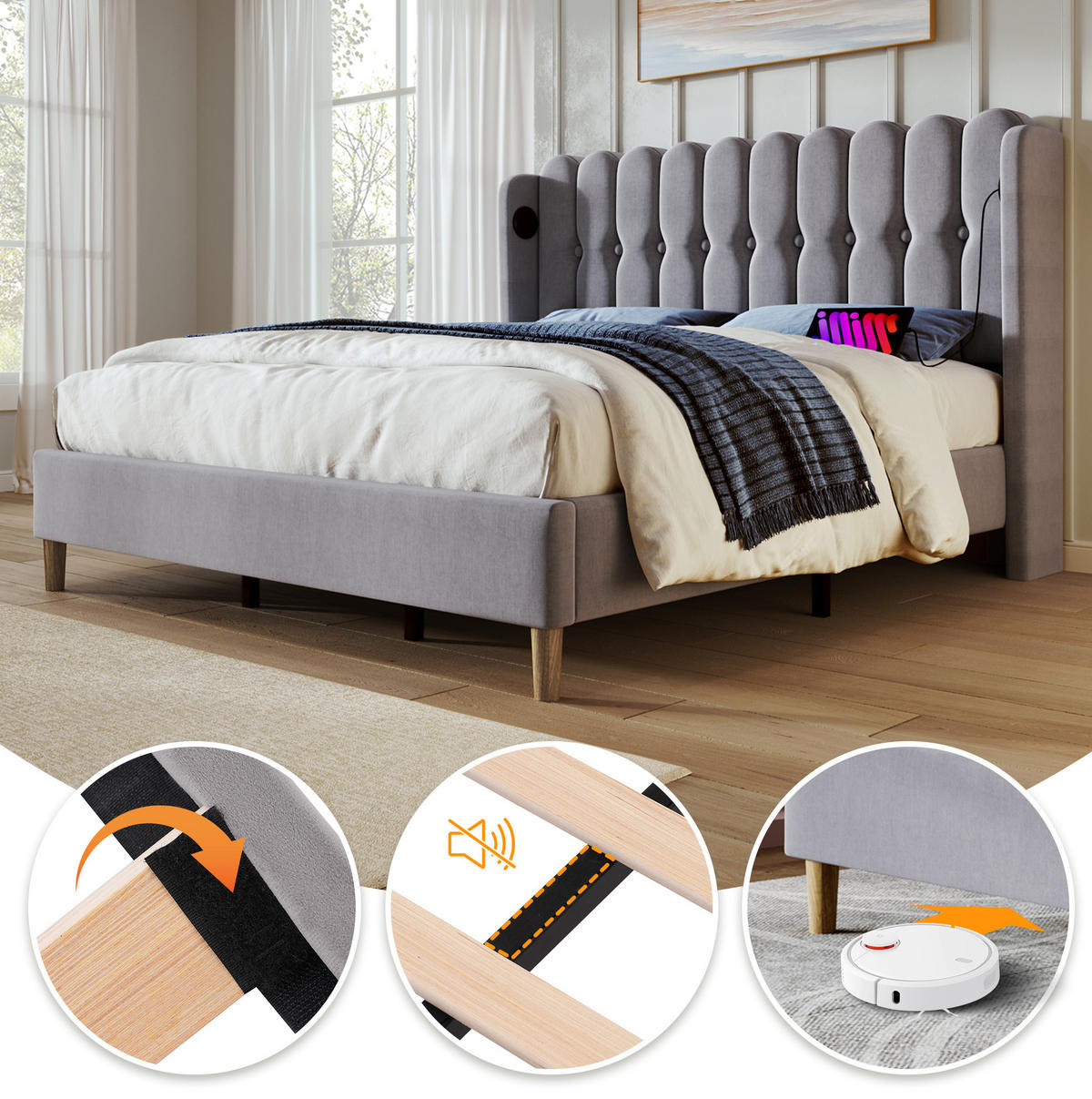 POLSTERBETT 160/200 cm mit USB- und Typ-C-Anschluss, gepolstertem Kopfteil und Matratze, Grau - Grau, Textil (160/200cm) - Redom