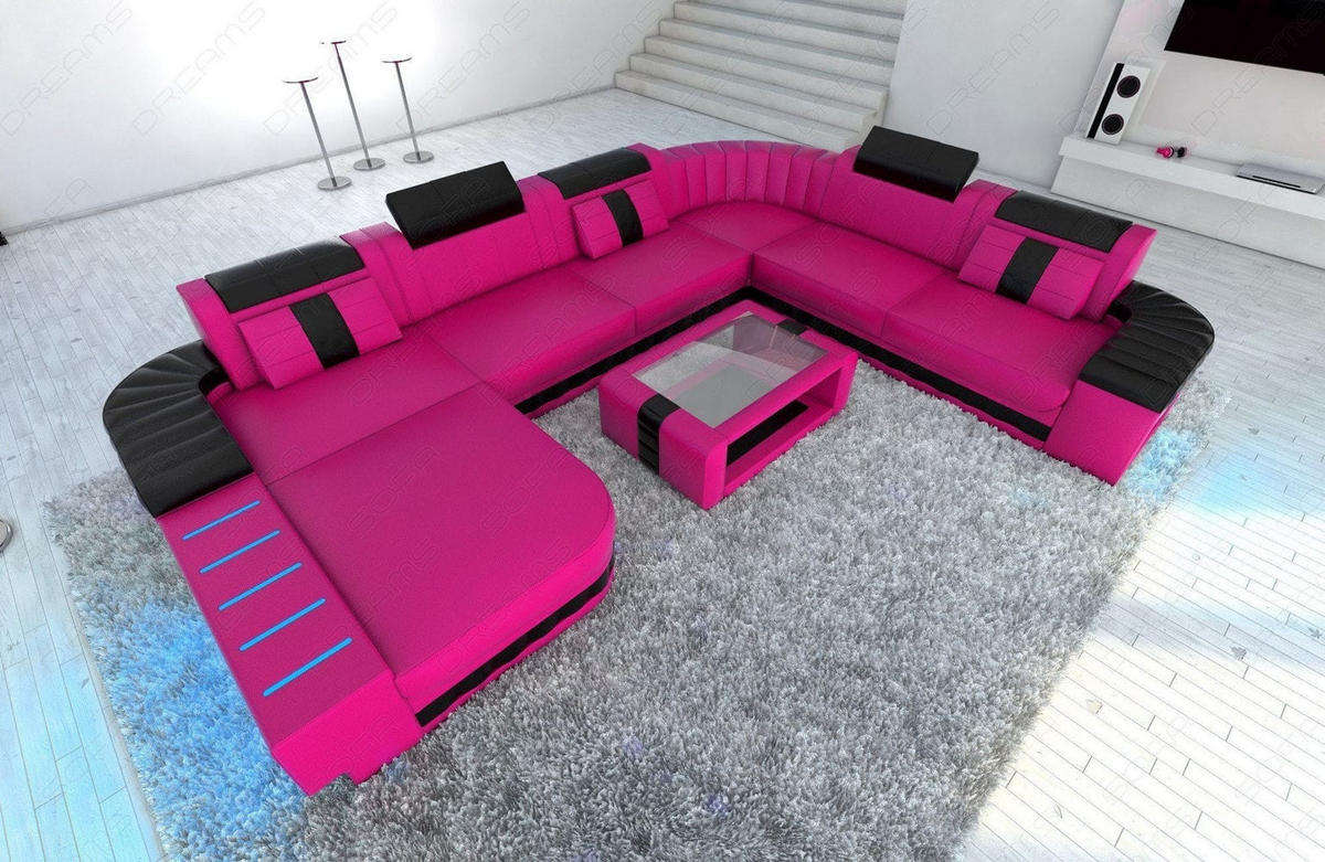 WOHNLANDSCHAFT Bellagio Pink Schwarz Kunstleder - Pink, Textil (362/80/287cm)
