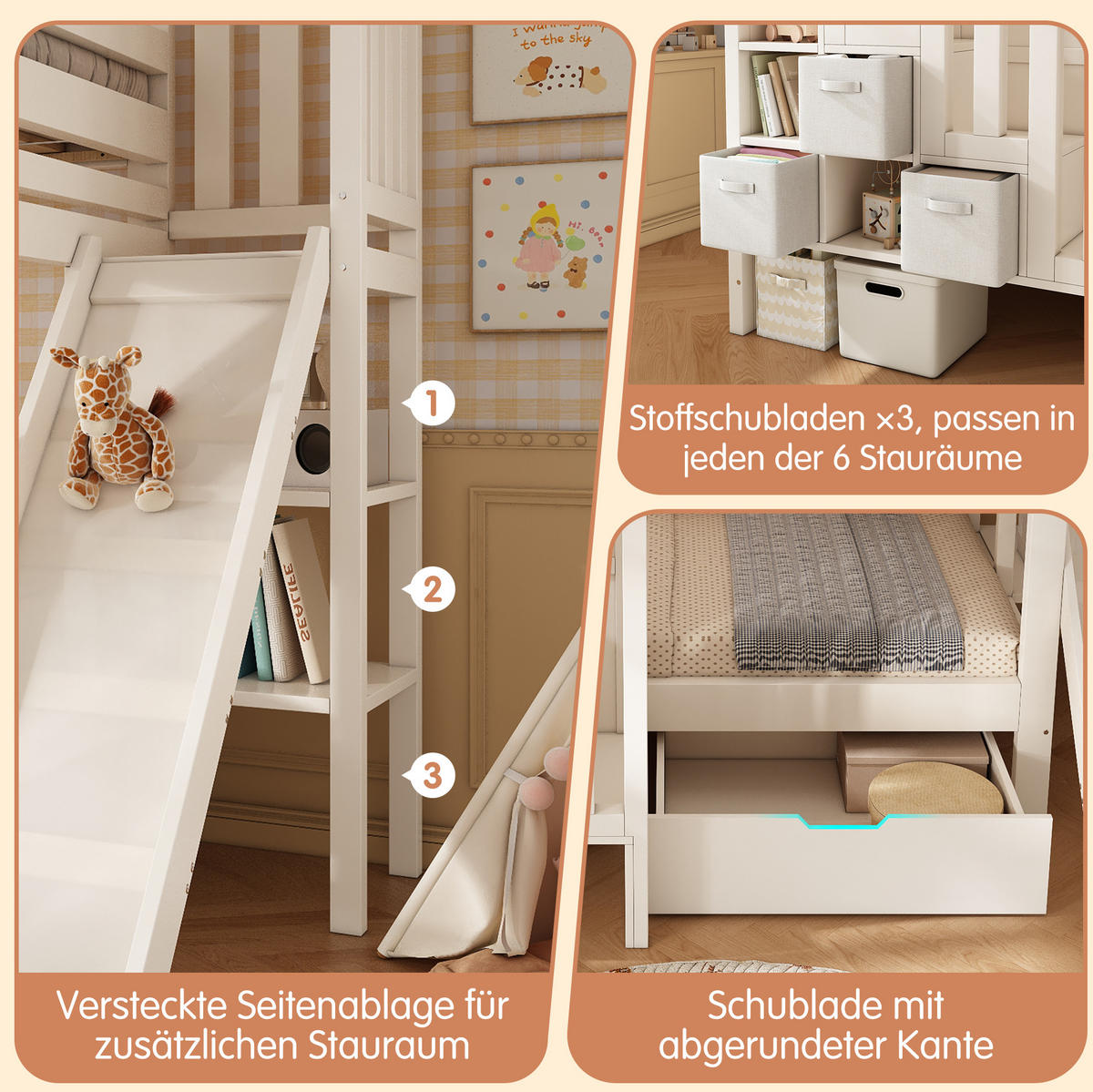 ETAGENBETT 160/200 cm weiß aus Holz mit Rutsche und Stauraum - Weiß, Holzwerkstoff (90/200cm) - OKWISH