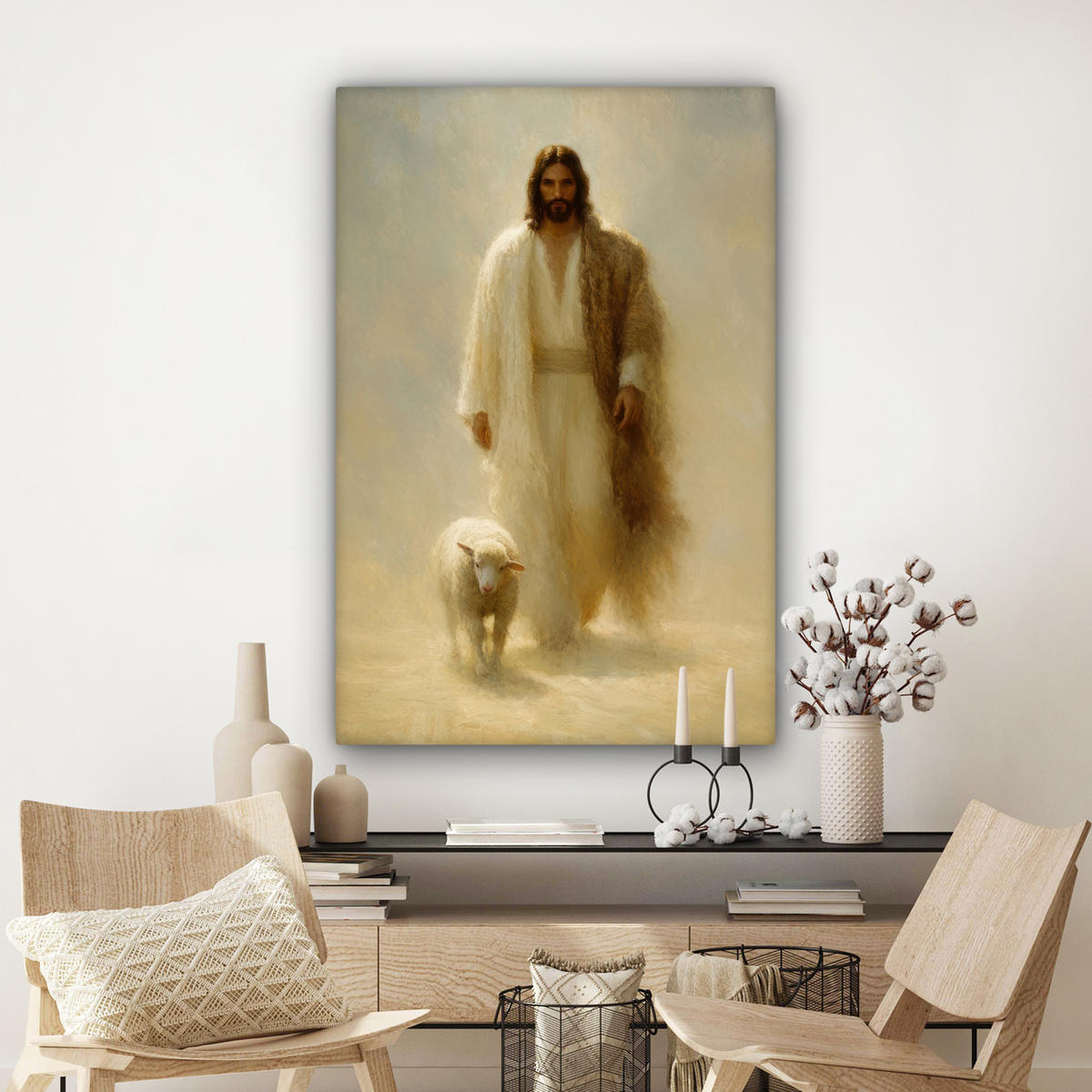 LEINWANDBILD Schaf - Jesus - Pinselstriche - Abstrakt Deko Groß 90x140 cm - Sandfarben, Textil (90/140cm) - MuchoWow