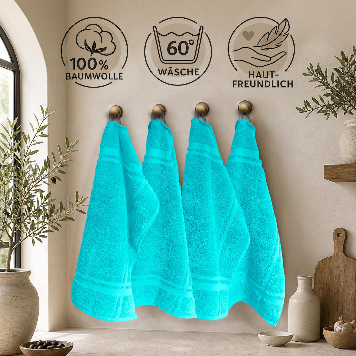 FROTTEE Küchenhandtücher 50x50 cm, 4er Set, Türkis - Türkis, Textil (50/50cm) - Lashuma