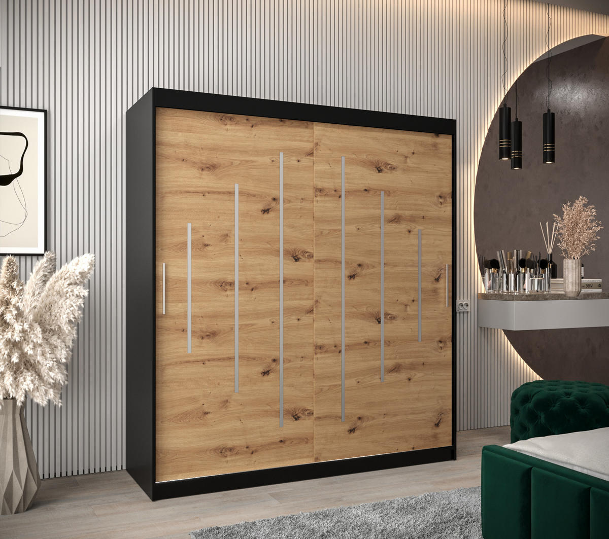 SCHWEBETÜRENSCHRANK 200/180/62 2-türig - Silberfarben/Schwarz, Holz/Kunststoff (180/200/62cm) - Abiks Möbel